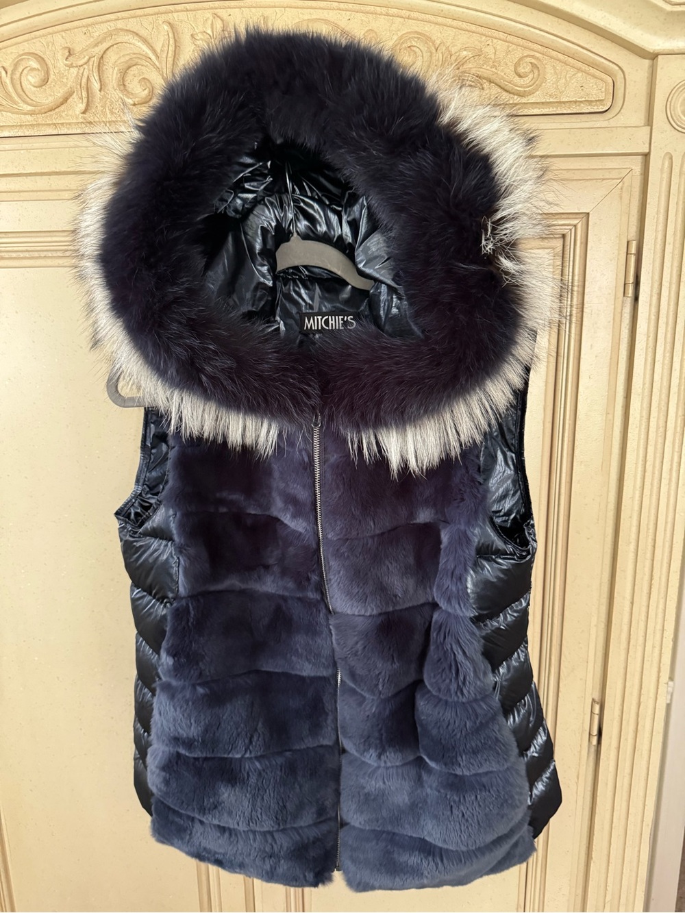 Navy Fur-Trim Quilted Vest with Hood